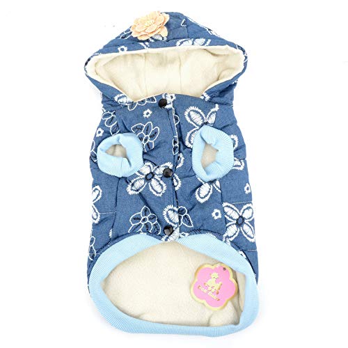 Selmai Denim Dog Winter Coat Hoodie Fleece Lined Small Pet Warm Down Jacket Fashion Floral Printed Girls Dog Cold Weather Coats Vest Hooded Thickening Padded Windproof Pet Parka Clothes Darkblue S #TOP3