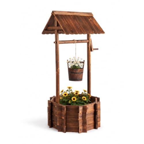 VINGLI Wooden Wishing Well Outdoor Planters, Well Covers for Yard with 4 Reinforced Rods, Height Adjustable Hanging Bucket, Rustic Flower Pot Decor for Outside Patio Garden(Carbonized, 25' Width)