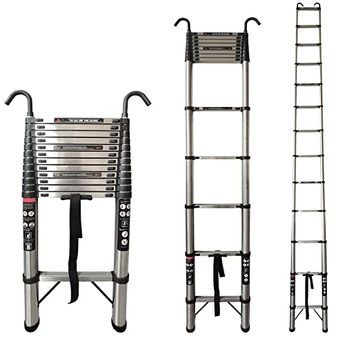 Escalera telescópica de acero inoxidable con gancho desmontable, escalera telescópica extensible con pies antideslizantes, 12 peldaños, carga máxima 150 kg (5 m)