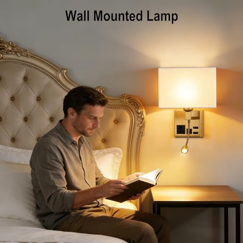 Image of Wall Lamp for Bedroom Living Room Office Hotel, Plug in Wall Sconce with AC Outlet & USB Charging Port, Wall Mount Reading Light 360Adjustable, Gold Headboard Lamp With 3 Color Temperature