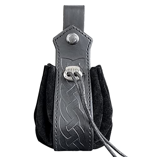 Borsa medievale in finta pelle, marsupio vichingo, marsupio nordico retrò, borsa portatile con coulisse, borsa dadi per tiro con l'arco Costume da faire rinascimentale LARP (Nero)