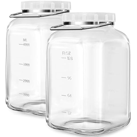 2 Pack 1.5 Gallon Glass Jar with Lid Wide Mouth, Large Mason Jar with Airtight Screw Lid and Handle, Clear glass storage containers with 2 Scale Mark for Flour, Cookie, Candy, Kombucha and fermention Cover