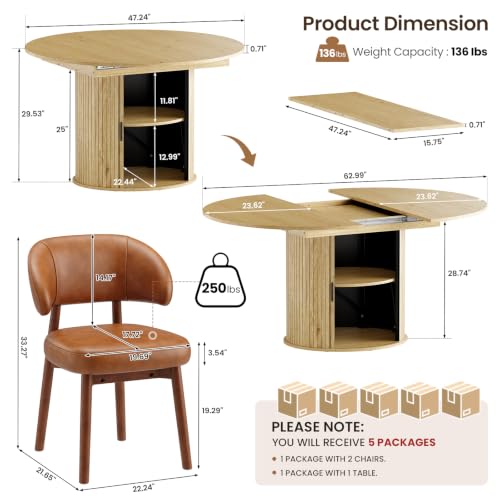 Image of MALOL 47 inch-63 inch Extendable Round to Oval Dining Table Chairs Set for 4-8, Modern Wooden Kitchen Table and Chairs with Hidden Storage and Fluted Design for Dining Room /Small Space(Natural Wood and Brown)