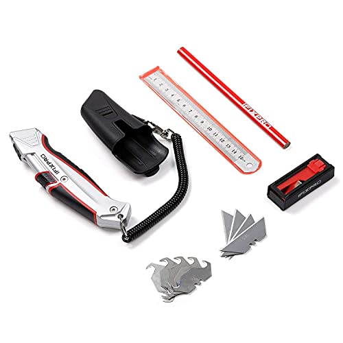 Self-Retracting Box Cutter With Holster With Belt Clip, Auto Retractable Safety Utility Knife With Total 10 Pcs Sk5 Blades, Aluminum Shell With Rubber Grip, Sturdy And Strong,Box Cutter With Belt Clip #TOP6