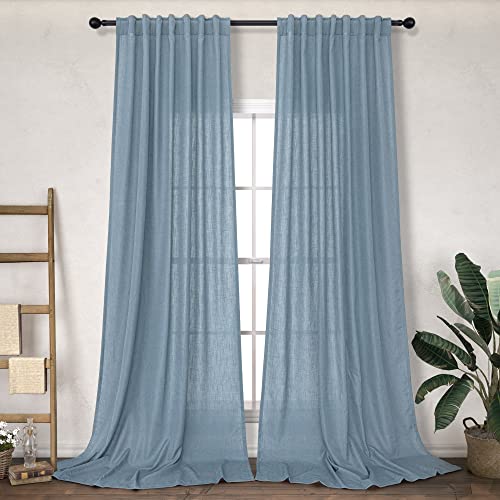 Gray Blue Curtains 84 Inch Length for Bedroom 2 Panel Set Back Tab Pocket Light Filtering Sheer Country Grey Blue Linen Curtain for Living Room Rustic Farmhouse Decor Stone Dusty Blue Denim 52x84 Long