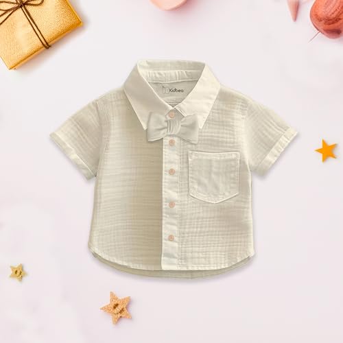 Image of Kidbea Boys Organic Cotton Shirt & Shorts with Bow | Soft Breathable Summer Co-Ord Outfit for Kids Casual Clothing Set (Off-White, 4-5 Years)