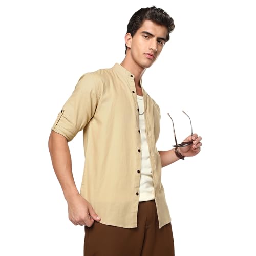 Image of Urbano Fashion Men's Linen Blend Full Sleeve Relaxed Fit Mandarin Collar Casual Solid Shirt