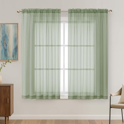 Image of OVZME Sage Green Sheer Curtains 63 Inches Long 2 Panels Set, Light Filtering Sheer Curtains for Living Room Bedroom 59 Inch Extra Wide, Modern Voile Filmy Rod Pocket Window Drapes, 59Wx63L Inches
