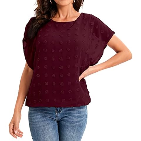 Womens Summer Tops Loose Short Sleeve Shirts Dressy Casual Business Chiffon Blouses, Wine Red, X-Large Cover