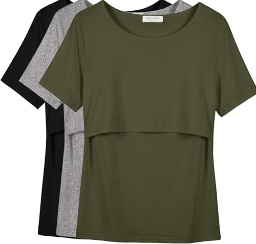 Image of Ekouaer Womens Nursing Tops 3 Pack Double Layer Breastfeeding Shirts Short Sleeve Maternity Clothes S-XXL