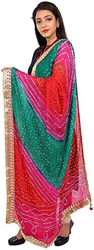 kalpit creations® Women's Jaipuri Rajasthani art Silk Bandhani Bandhej Multi-Colored Heavy Dupatta with Gota Work and latkan (red-rani-rama)