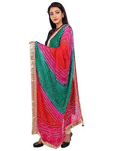 kalpit creations® Women's Jaipuri Rajasthani art Silk Bandhani Bandhej Multi-Colored Heavy Dupatta with Gota Work and latkan (red-rani-rama)