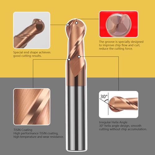 Image of 5PCS Ball Nose Carbide End Mill Set HRC55 CNC Cutter Router Bits 2 Flute Spiral Milling Tool Radius 1mm 1.5mm 2mm 3mm 4mm Milling Cutter
