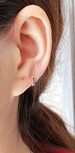 Rainbow 14K Gold Plated Mini CZ Small Cartilage Cuff Hoop Earrings for Women Teen Girls Multicolored Cubic Zirconia Tiny Sleeper Tragus Huggie Hoops Piercing Jewelry Gifts for Christams Party Birthday2