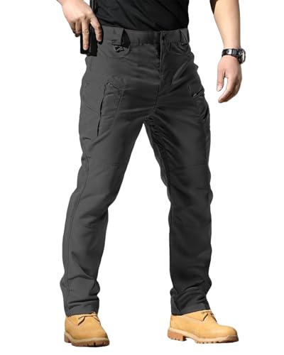 PIDO YOGA Men's Stretch Tactical Pants Waterproof Ripstop Fabric Cargo Pants Lightweight Casual Hiking Outdoor Work Pants (No Belt),Dark Gray