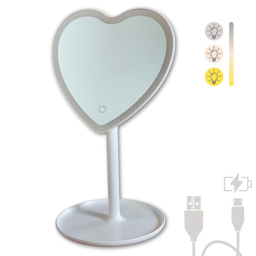 MYKALA White Heart Mirror with Lights and Storage Tray. Rechargeable Heart Shaped Mirror for White Room Decor. Aesthetic White Mirror for Makeup