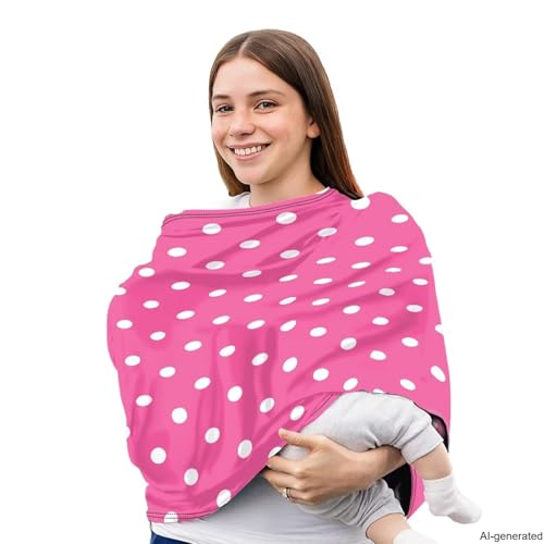 Image of Baby Car Seat Cover, Easy to Install Car Seat Canopy for Girls, Mom Nursing Breastfeeding Covers, Blanket for Infant, Pink Polka Dot