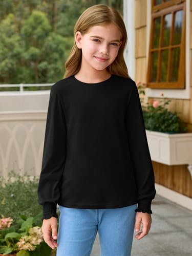 Haloumoning Girls Long Sleeve T Shirts Kids Fall Crewneck Tops Casual Smocked Cuffs Tees 5-14 Years4