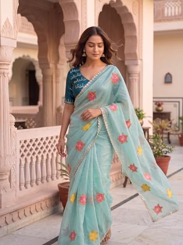 Image of Handcrafted Floral Embroidered Saree with Contrast Blouse