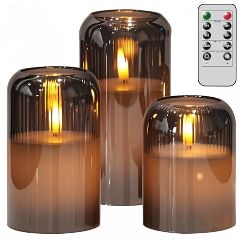 Image of Eldnacele Black Glass Flameless Candles with Remote and Timer, Battery Operated 3D Wick Flickering LED Pillar Candles for Dinner Wedding Holiday Decor (3Pcs, D3xH4 /5 inch /6 inch)
