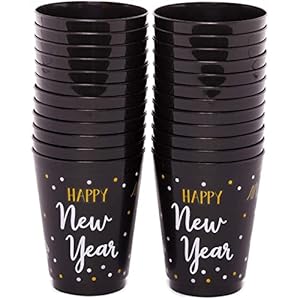 Happy New Year Party Cups, Reusable Plastic NYE Party Supplies (Black, 16 oz, 24 Pack)