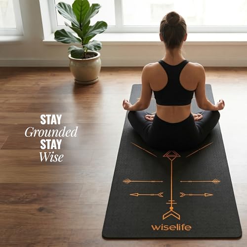 Image of WiseLife Boho Alignment 8mm Yoga Mat with Strap | Non-Slip Thick Exercise Mat for Yoga, Pilates, Gym & Flexibility Training (Black)