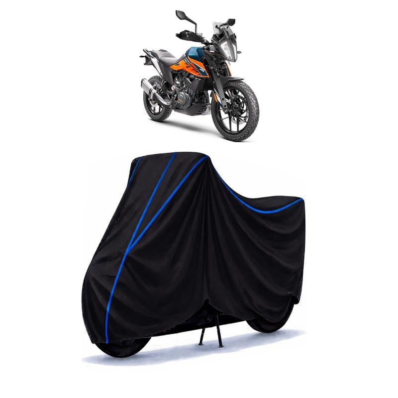 Image of KTM 390 Adventure X Bike Cover Water Resistant Universal Motorcycle Rain | Heavy Duty UV Protection, Dust, Scratch Indoor Outdoor All Weather with Black Blue Piping Elastic