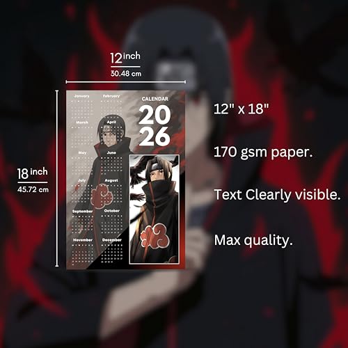Image of 2026 Anime Calendar - Itachi Uchiha from Naruto | 12 inch x 18 inch size | Wall Decoration Aesthetic Calendars