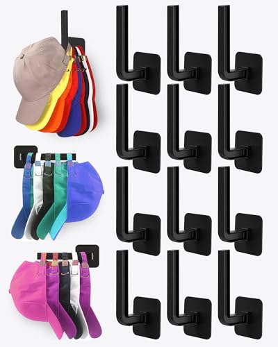 Sunfanie Hat Rack for Hat Storage (12-Pack), Multi-Purpose Hat Organizer, Strong Adhesive Hat Hooks for Wall Hat Organizer for Baseball Caps, Two Mounting Options Hat Hook, Black