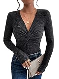 Ausschnitt: V Ausschnitt GORGLITTER Damen Langarmshirt V Ausschnitt Oberteil Mit Twist Wrap Top Rippstrick Tshirt Sexy Strick Oberteil Schwarz L