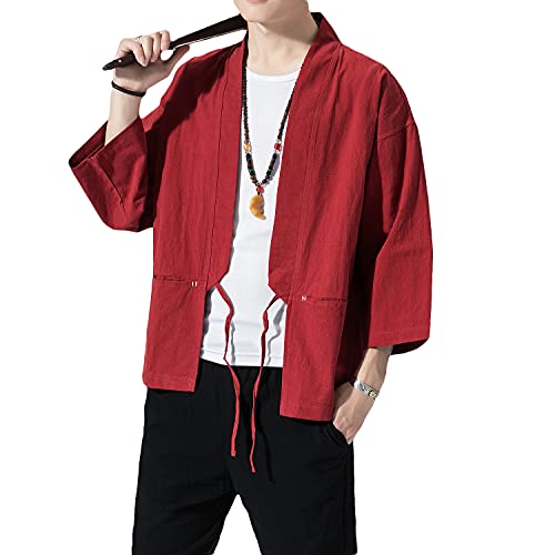 Image of PRIJOUHE Men's Kimono Jackets Cardigan Lightweight Casual Cotton Blends Linen Seven Sleeves Open Front Coat Outwear