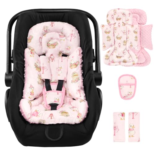 Image of Infant Car Seat Insert with 3 Strap Covers, Soft Car Seat Head Support for Baby Girls, Plush Fabric Newborn Insert for carseat, Strollers, Swings, Bouncer, Flower Goose