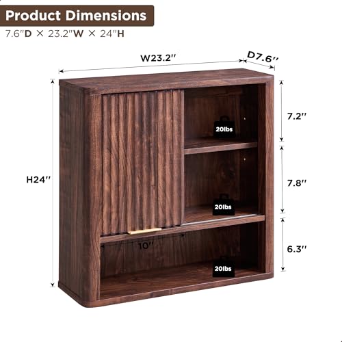 RedLemon Bathroom Wall Cabinet w/Fluted Sliding Door, Modern Medicine Cabinet with Adjustable Shelf, Curved Profile Wall Mounted Storage Organizer, Walnut - Image 3