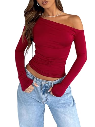 OOHOKAY Langarmshirt Damen Schulterfreies Oberteil Klassischer Basic Tshirt Crop Tops Y2K Slim Fit Oberteile Casual Shoulder Streetwear(Rot-j,M)