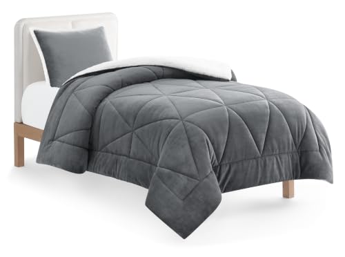 UGG Nita Twin Comforter Set with 1 Pillow Sham Plush Down Alternative Bedding Soft Fleece Fluffy Comforter Reversible 2 Piece Bed Set for College Dorm Twin/XL Seal Grey