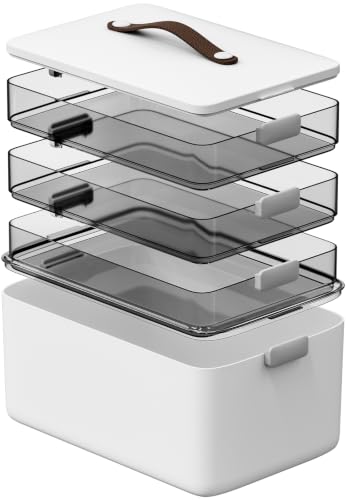Image of Spreezy 4-Tier Medicine Storage Box for First Aid, Craft, Art, Sewing | Portable Cabinet with Leather Handle, Lid & Clasp, Large Capacity Multifunctional Storage Box, for Home, Dorm / Office