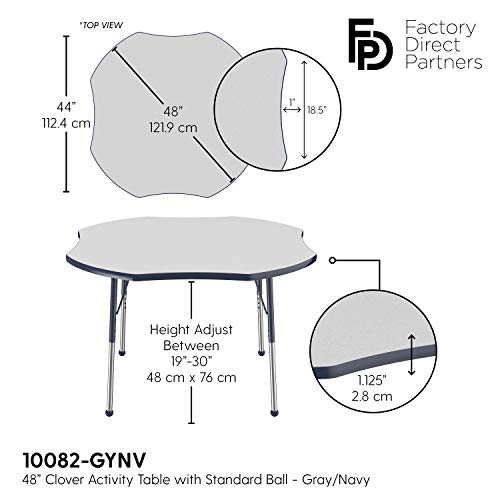 Image of FDP Clover Activity School and Office Table (48 x 48 inch), Standard Legs with Ball Glides for Collaborative Seating Environments, Adjustable Height 19-30 inches - Gray Top and Navy Edge