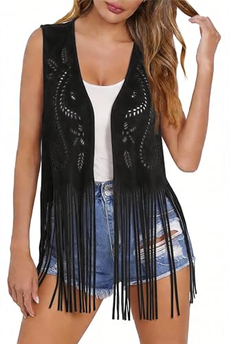 Women Western Tassels Vest Tops 70s Hippie Sleeveless Faux Suede Fringe Vests Jacket Cardigan Open Front Rodeo Cowgirl Shirt (Black Medium)