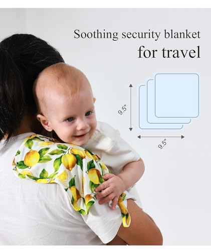 Image of Baby Lovey Security Blanket Set of 3, Bamboo-Derived Viscose, Super Soft and Breathable Baby Blanket with Attachable Loop, 9.5 inch*9.5 inch, Dinosaur /Lemon /Festivals