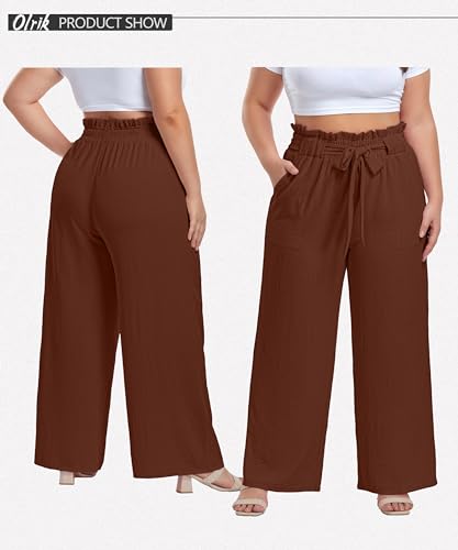 Image of OLRIK Women's Plus Size Pants Adjustable High Waisted Wide Leg Palazzo Pants Casual Trousers with Pockets Spring Clothes