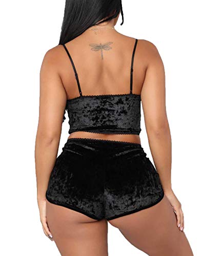 Springcmy Women's Velvet 2Pcs Outfits Spaghetti Strap Crop Top And Shorts Pajama Sets (Black,Xl) #TOP5