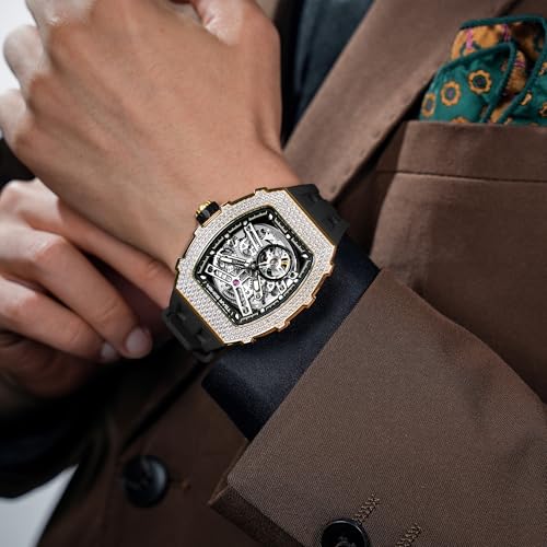 Image of TSAR BOMBA Men's Automatic Watch Tonneau Luxury Skeleton Watches for Men Mechanical 50M Waterproof Analogue Watches Mens Unique Cool Square Big Face Dial Wristwatch with Silicone Strap Band