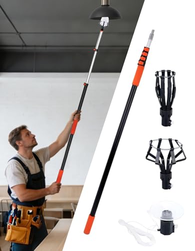 Uojim Light Bulb Changer for High Ceilings 5-20FT Telescopic Pole 26FT Max Reach Segment Lock & Non-Slip Grip Suction Cup & Basket for Multi-Type Bulbs 3/4 Acme Thread for Home/Commercial Use