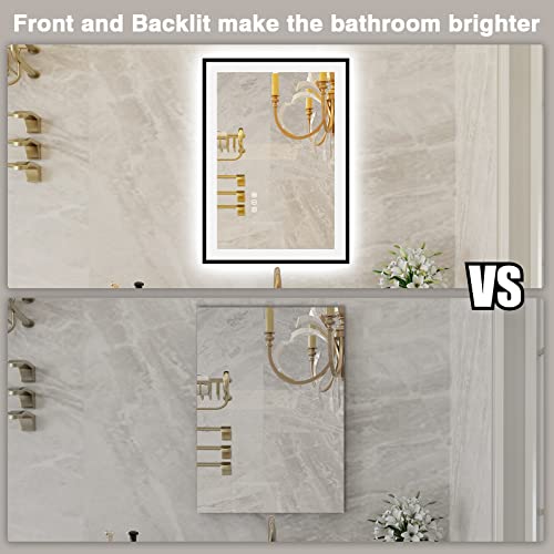 20x28 LED Bathroom Mirrors for Wall -Black Aluminum Framed (Front and Backlit), Anti-Fog Vanity Mirror With Lights,Stepless Dimmable Lighted Mirror,3 Colors Smart Mirror(Horizontal/Vertical)