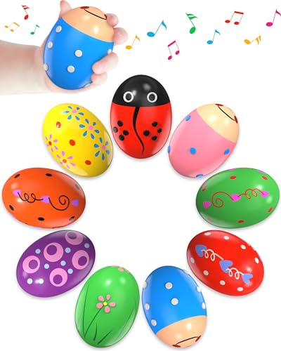 Image of 9 Pack Wooden Percussion Musical Shaker Prefilled Easter Eggs with Toys Inside Filled, Toddlers Easter Basket Stuffers Egg Fillers Montessori Toys Gifts for Kids Boys Girls Babies