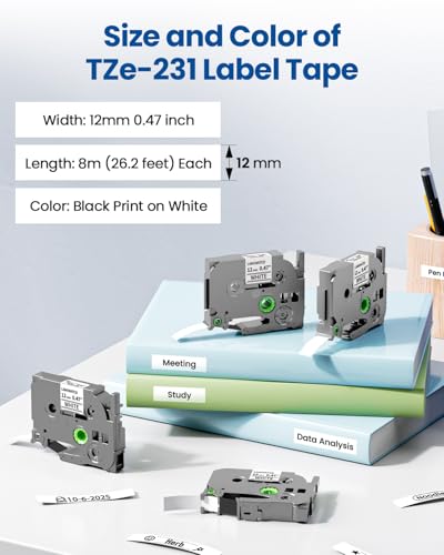 Image of Replace for Brother Label Maker Tape 12mm 0.47 White TZe-231 TZe TZ Tape AZe-231 Work with Brother P-Touch Label Maker PT-D210 PT-H110 PT-D220 PT-D400 PT-D600 PT-D610BT, Black on White 6-Pack, Pillex