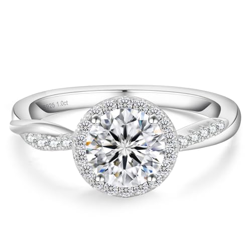 KRKC Moissanite Rings for Women,1CT Lab Created Diamond Engagement Rings, D Color VVS1 Clarity, Brilliant Round Cut, 925 Sterling Silver White Gold Plated Promise Rings Wedding Bands for Anniversary Promise and Bridal
