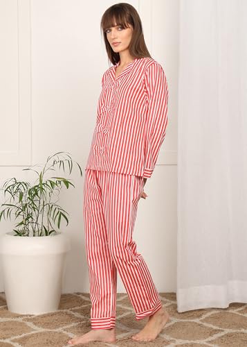 Image of Vlazom Women Cotton Striped Night Suit Set with Pocket | Full Sleeve Shirt & Pajama Co-Ord Set | Soft Breathable Sleepwear with Bow Detail | Comfortable Loungewear for Home