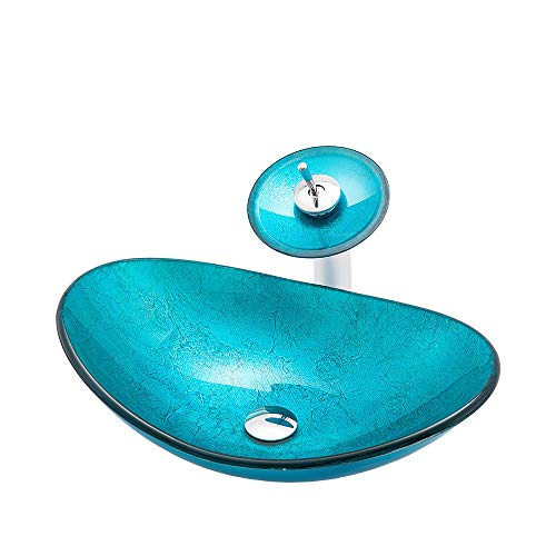 Évier ovale en verre trempé compact à robinet cascade grand débit