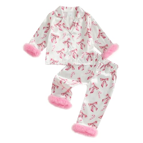 Toddler Baby Girls Silk Satin Pajamas Set Feather Trim Long Sleeve Botton Shirt Tops Pajama Pant Fuzzy Lounge Pjs